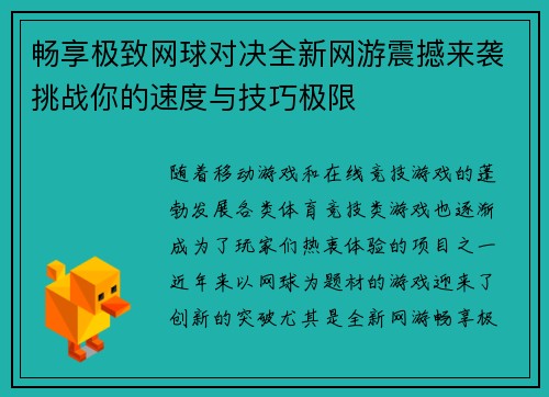 畅享极致网球对决全新网游震撼来袭挑战你的速度与技巧极限